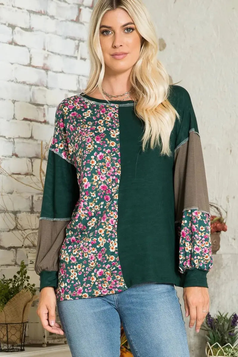 T-Shirts Trendsi Floral Color Block Women's Casual T-Shirt + Exposed Seam + Soft Fabric