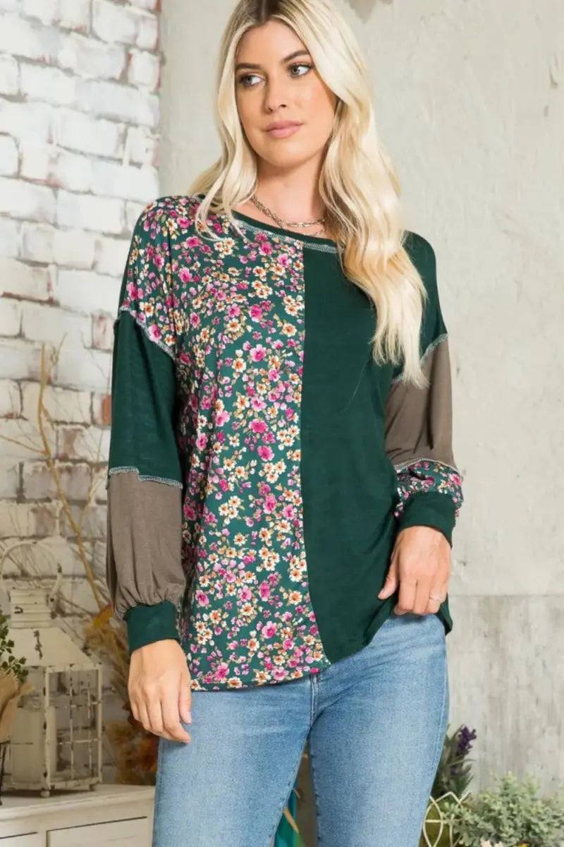 T-Shirts Trendsi Floral Color Block Women's Casual T-Shirt + Exposed Seam + Soft Fabric