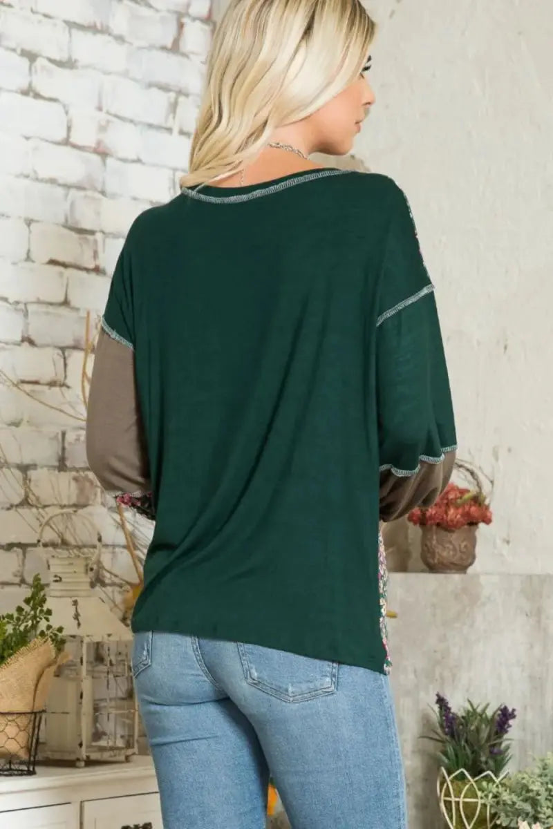 T-Shirts Trendsi Floral Color Block Women's Casual T-Shirt + Exposed Seam + Soft Fabric