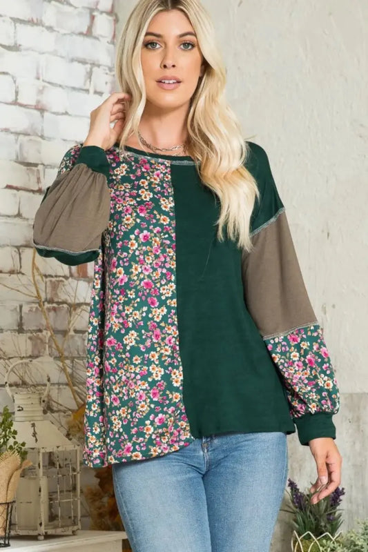 T-Shirts Trendsi Floral Color Block Women's Casual T-Shirt + Exposed Seam + Soft Fabric