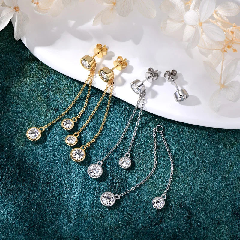 Moissanite Chain Tassel Earrings in Sterling Silver