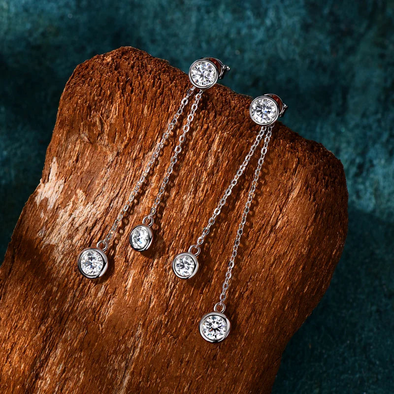 Moissanite Chain Tassel Earrings in Sterling Silver