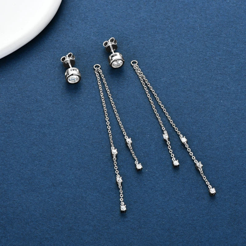 Moissanite Chain Tassel Earrings in Sterling Silver