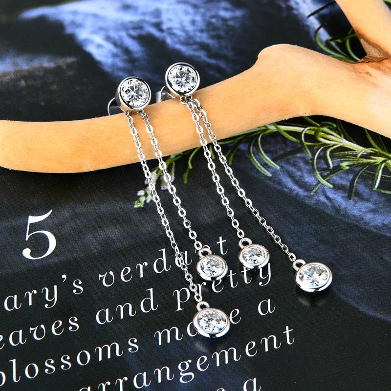Moissanite Chain Tassel Earrings in Sterling Silver