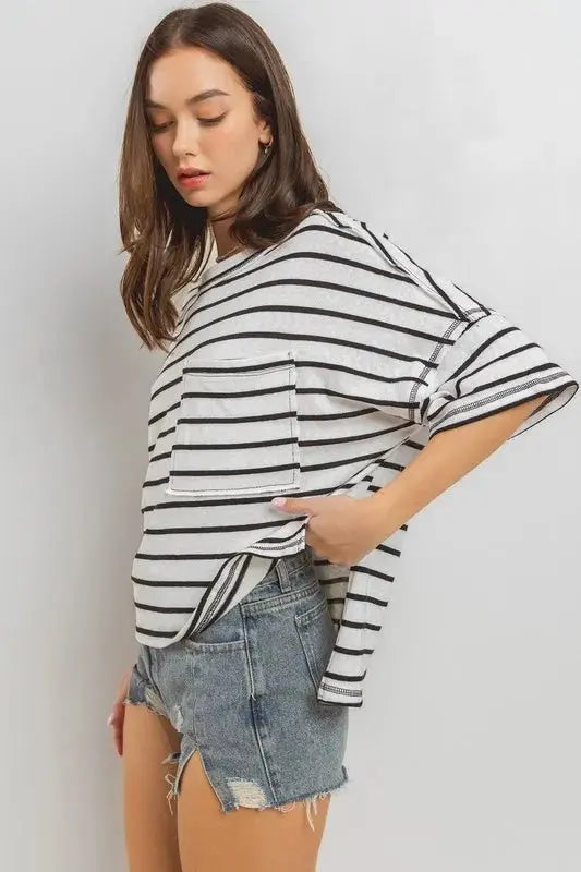T-Shirts Trendsi Striped Tee Women's Casual Top USA Shipped T-Shirt Soft, Side Slit