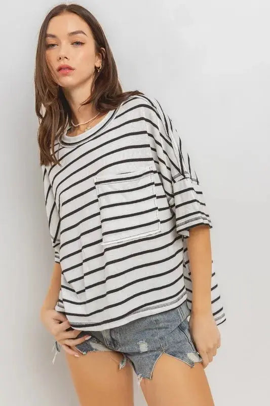 T-Shirts Trendsi Striped Tee Women's Casual Top USA Shipped T-Shirt Soft, Side Slit