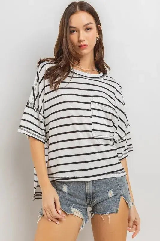 T-Shirts Trendsi Striped Tee Women's Casual Top USA Shipped T-Shirt Soft, Side Slit