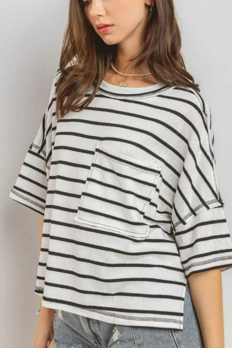 T-Shirts Trendsi Striped Tee Women's Casual Top USA Shipped T-Shirt Soft, Side Slit