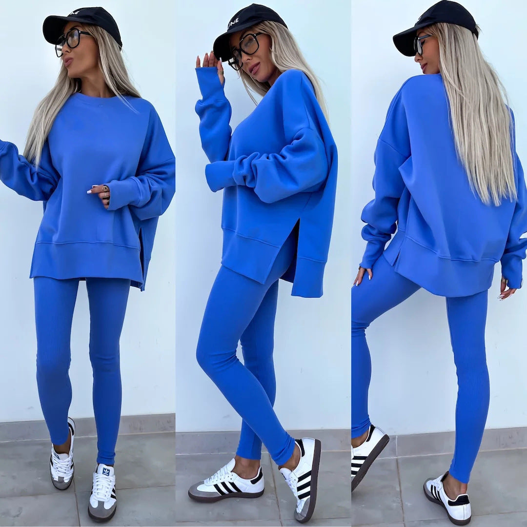 Traje de suéter informal para mujer – Conjunto de top suelto con aberturas y pantalones ajustados