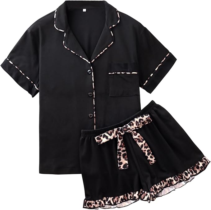 Women's Shorts and Button Down Leopard Top 2-piece Summer Pajamas