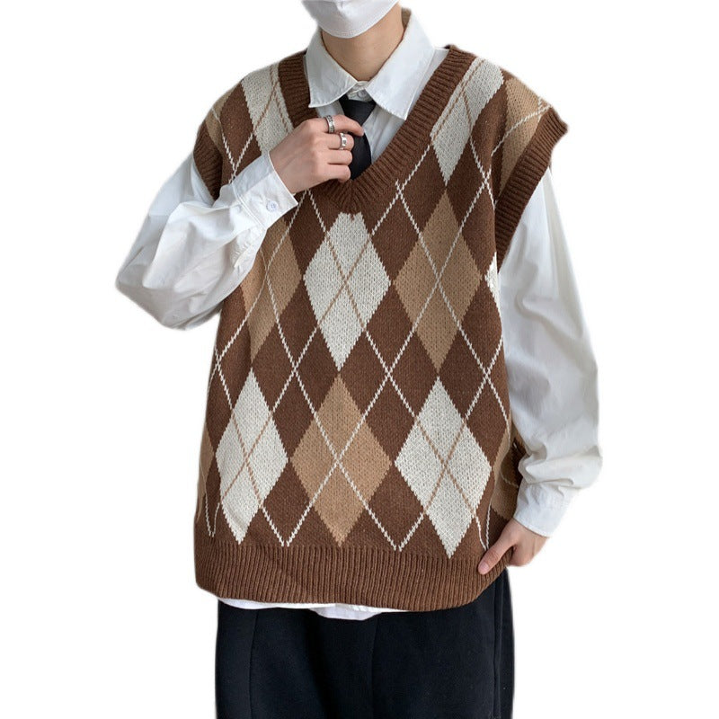 Men's Diamond-pattern V-neck Vest Sweater Vintage Pull-over Vest For Outerwear