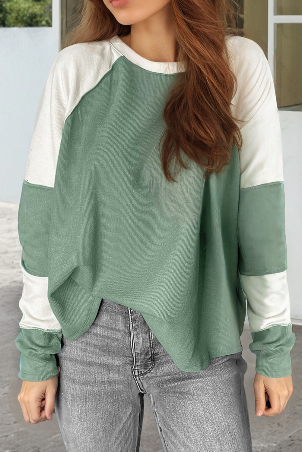 Top de manga larga raglán con paneles de colores acanalado en verde menta