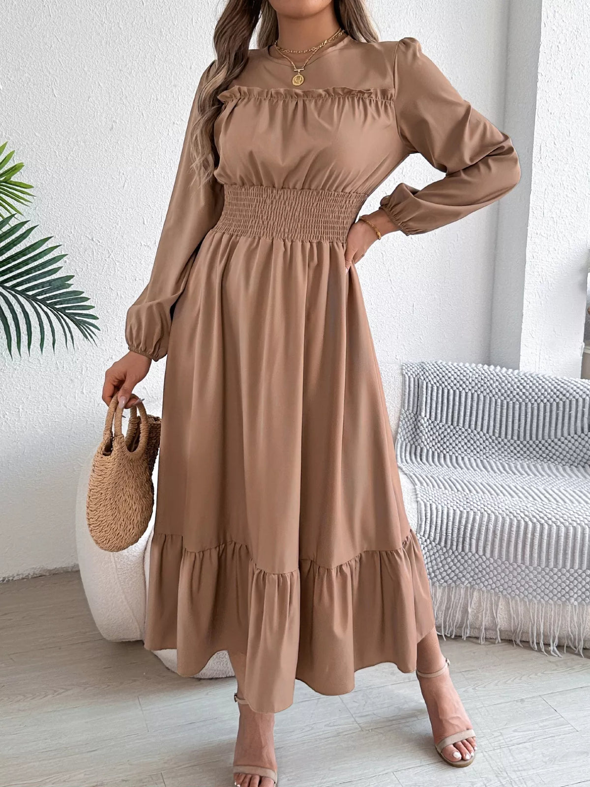 Round Neck Balloon Sleeve Tiered Dress