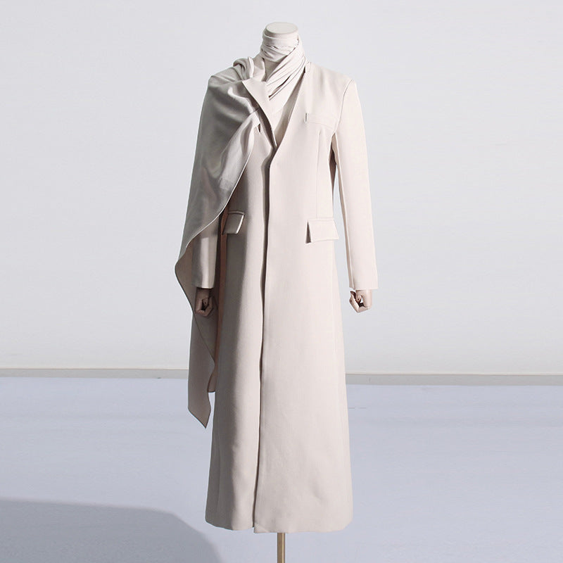 Draped Cape-Scarf Longline Tailored Coat