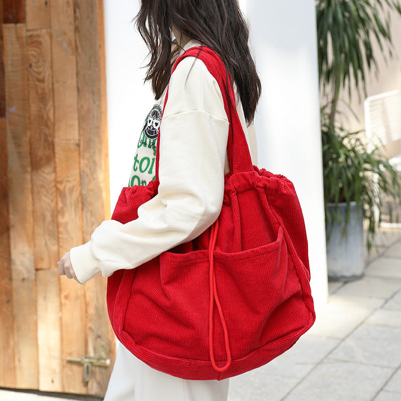 Women's Corduroy Drawstring Shoulder Bag Travel Bag