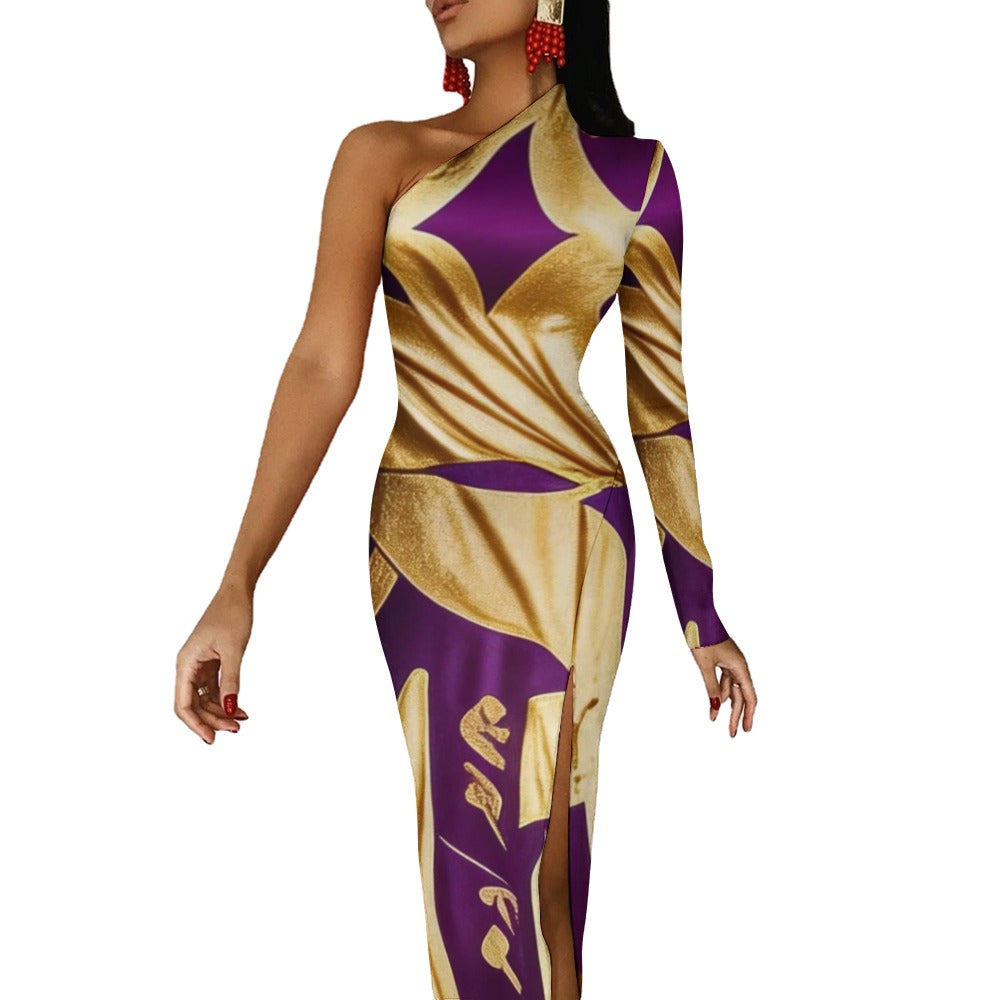 Sexy gold and purple Egyptian designed patterned Half Sleeve Slit Dress Designs By Kiekie