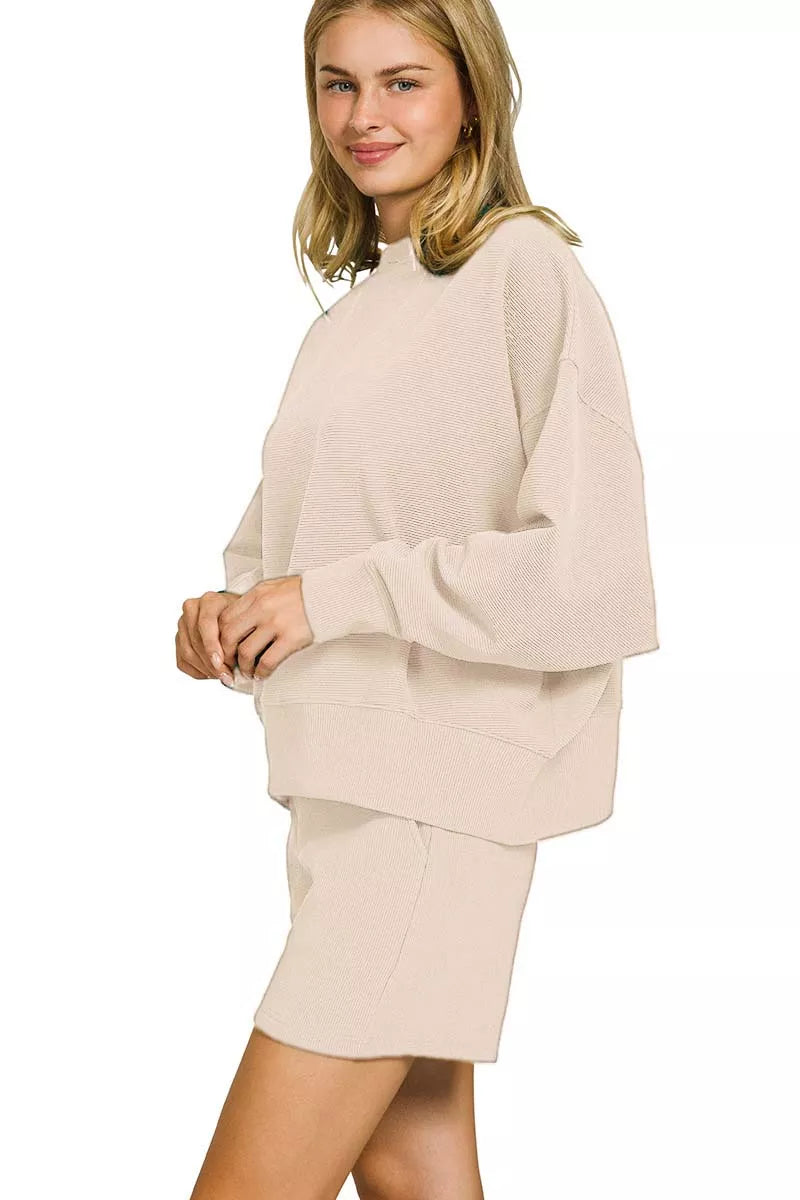 Zenana Ribbed Round Neck Pullover and Shorts Set in Beige