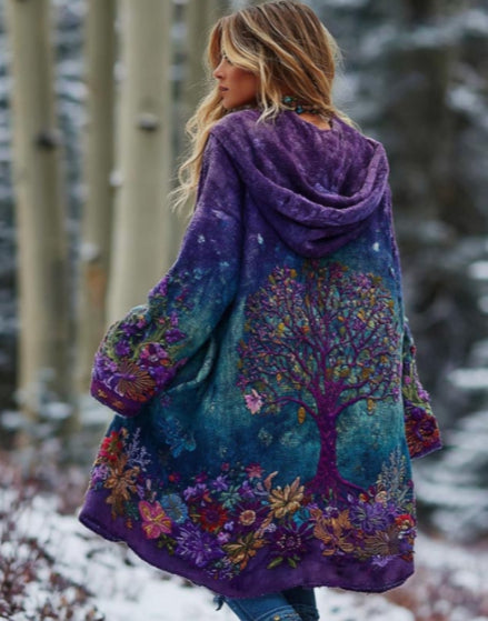 Hooded Cardigan With Tree Of Life Print Long-sleeved Cardigan