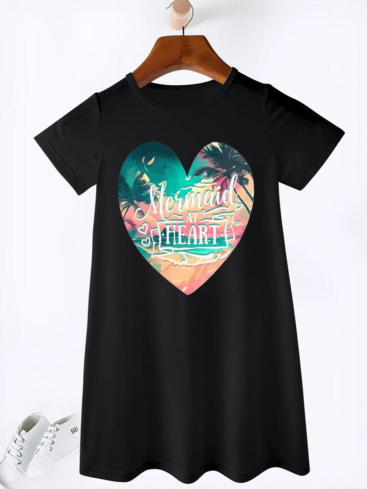 Girl's Mermaid at Heart Black Summer Dress (Front Printing)