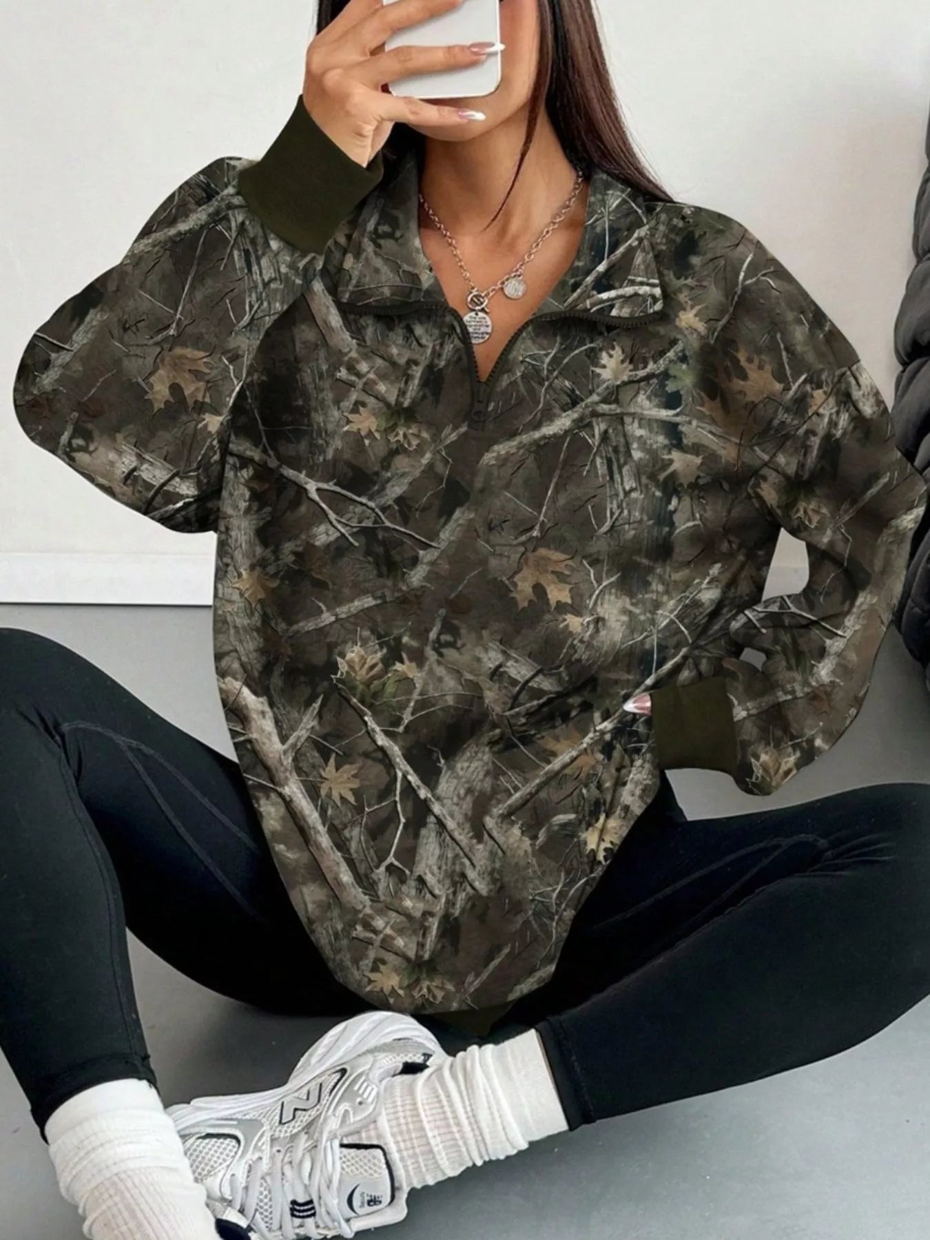 Quarter-Zip Printed Sweatshirt with Ribbed Cuffs