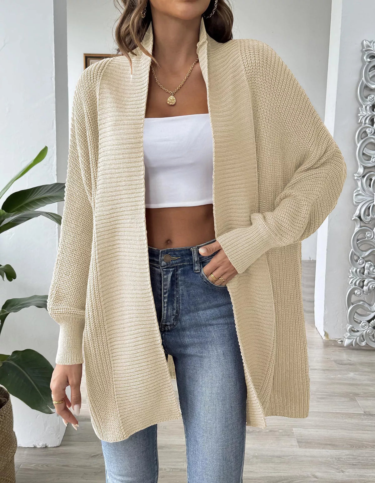 Open Front Ribbed Knit Cardigan