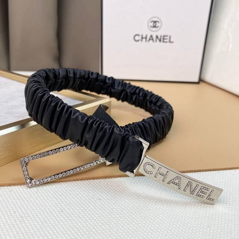 Chanel Logo Buckle Elastic Belt Leather with Metal and Crystals 'Black'