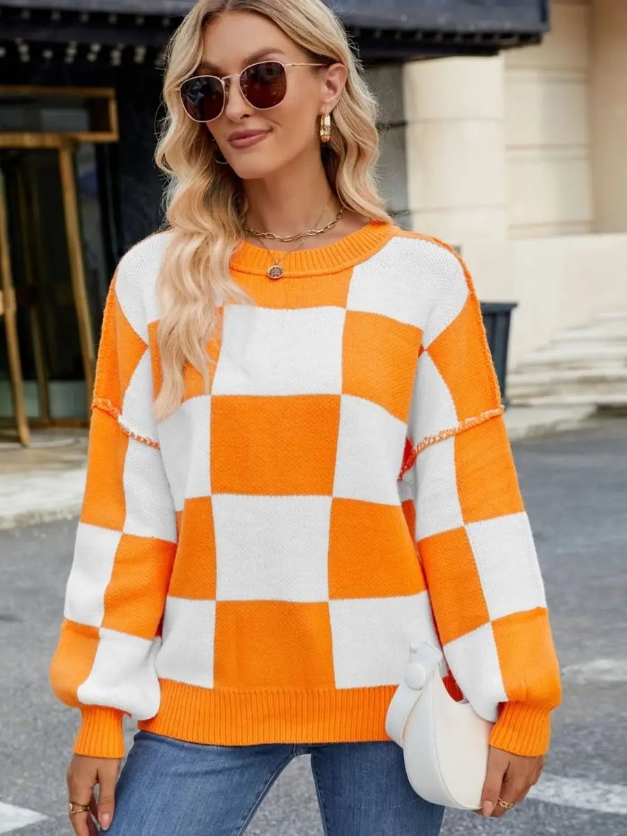 Women's Sweaters Checkered Sweater - Soft & Cozy Knit - Women's Long Sleeve