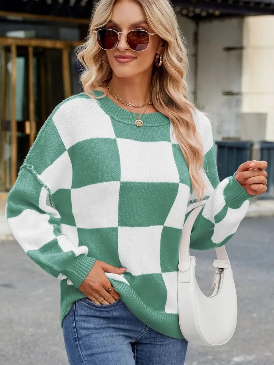 Women's Sweaters Checkered Sweater - Soft & Cozy Knit - Women's Long Sleeve