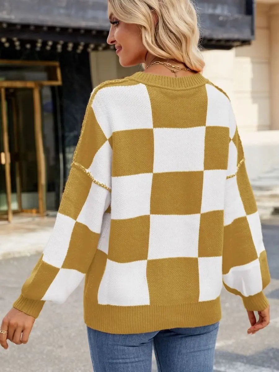 Women's Sweaters Checkered Sweater - Soft & Cozy Knit - Women's Long Sleeve