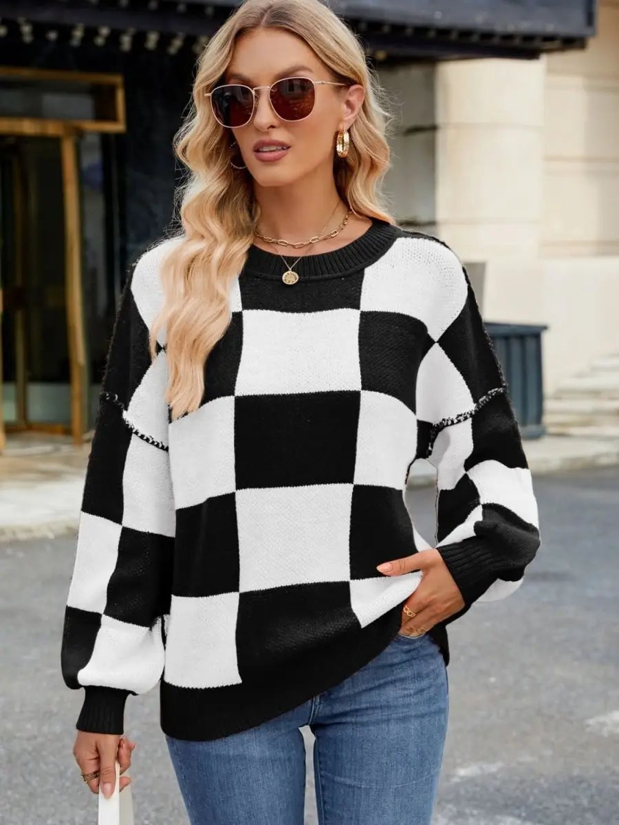 Women's Sweaters Checkered Sweater - Soft & Cozy Knit - Women's Long Sleeve