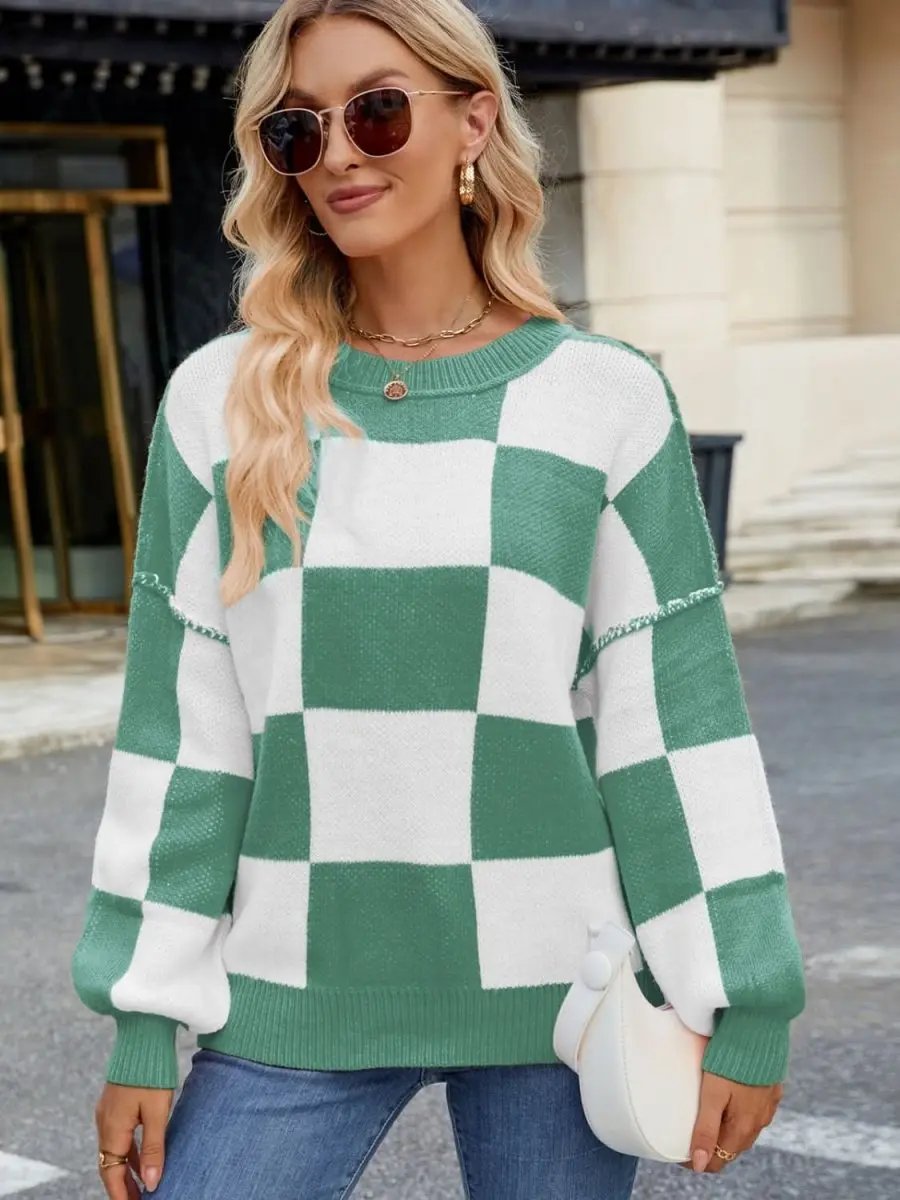 Women's Sweaters Checkered Sweater - Soft & Cozy Knit - Women's Long Sleeve