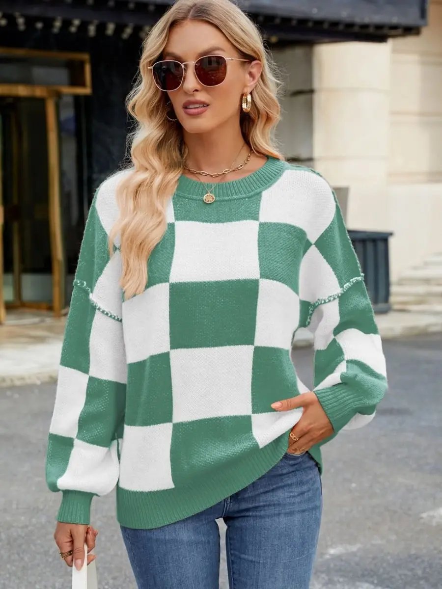 Women's Sweaters Checkered Sweater - Soft & Cozy Knit - Women's Long Sleeve