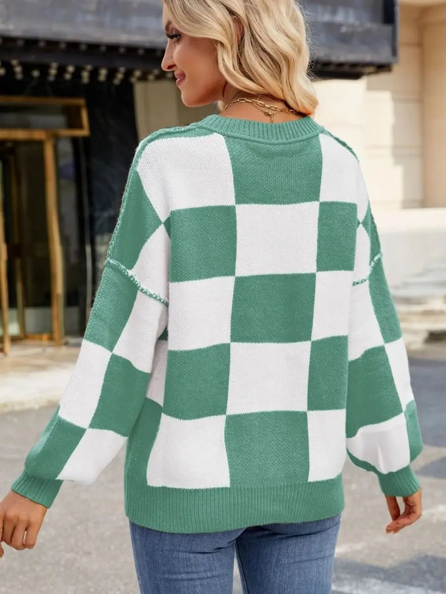 Women's Sweaters Checkered Sweater - Soft & Cozy Knit - Women's Long Sleeve
