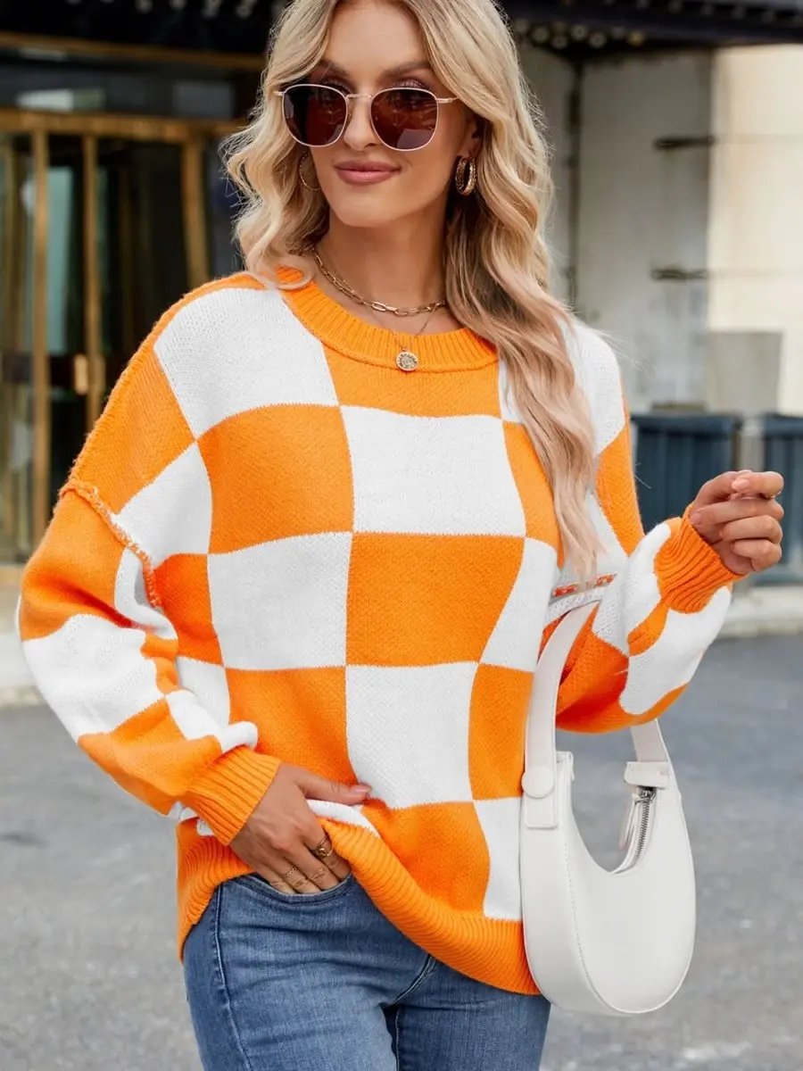 Women's Sweaters Checkered Sweater - Soft & Cozy Knit - Women's Long Sleeve