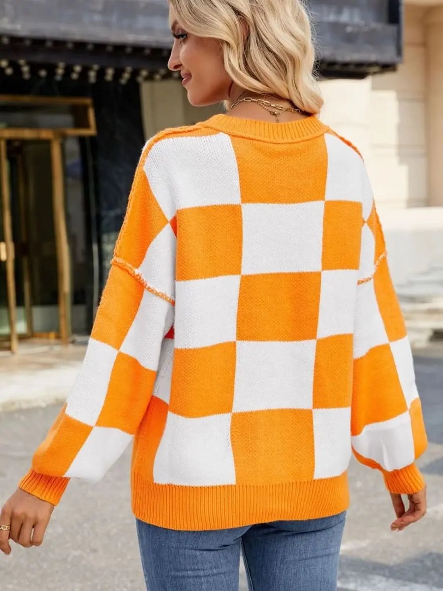 Women's Sweaters Checkered Sweater - Soft & Cozy Knit - Women's Long Sleeve