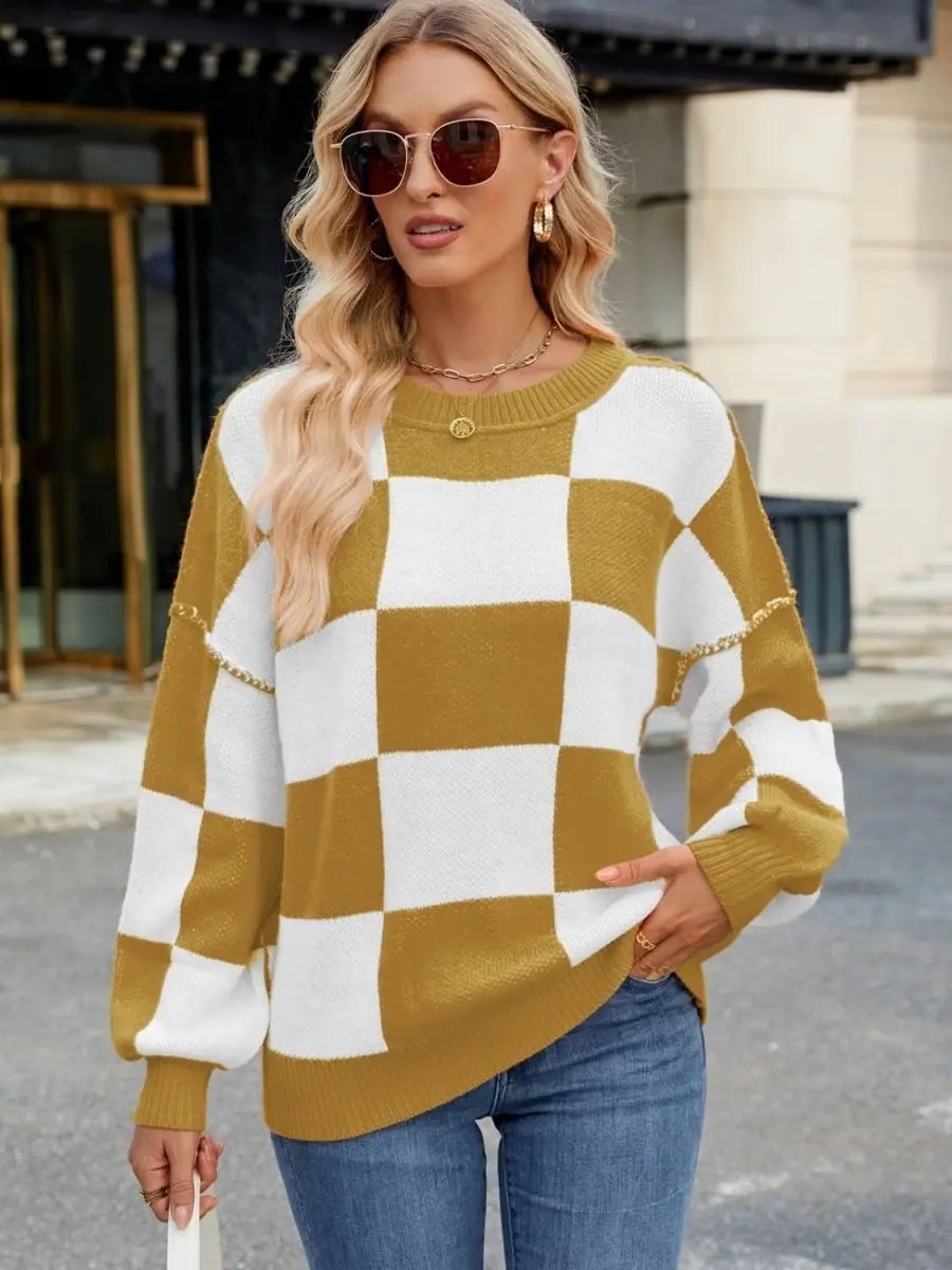 Women's Sweaters Checkered Sweater - Soft & Cozy Knit - Women's Long Sleeve