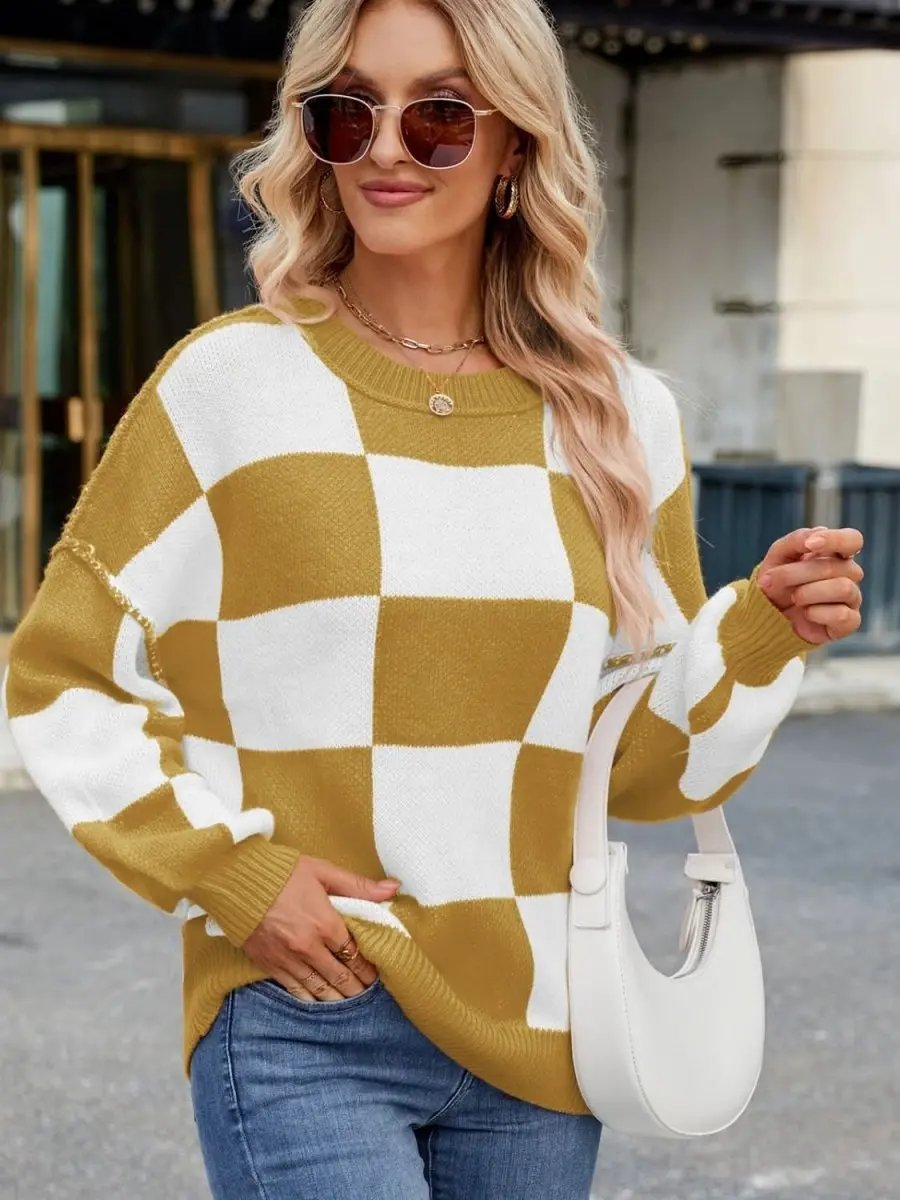 Women's Sweaters Checkered Sweater - Soft & Cozy Knit - Women's Long Sleeve