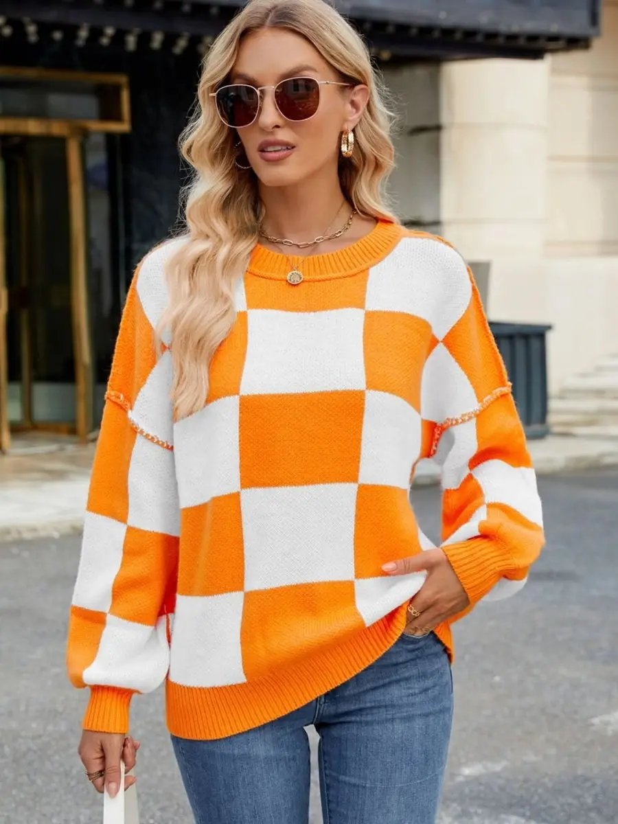 Women's Sweaters Checkered Sweater - Soft & Cozy Knit - Women's Long Sleeve