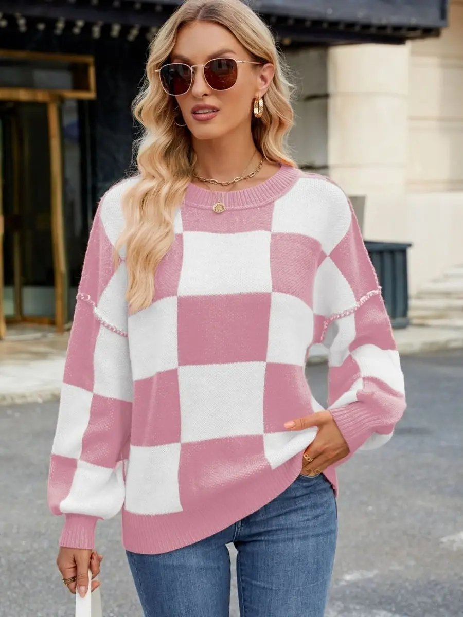 Women's Sweaters Checkered Sweater - Soft & Cozy Knit - Women's Long Sleeve