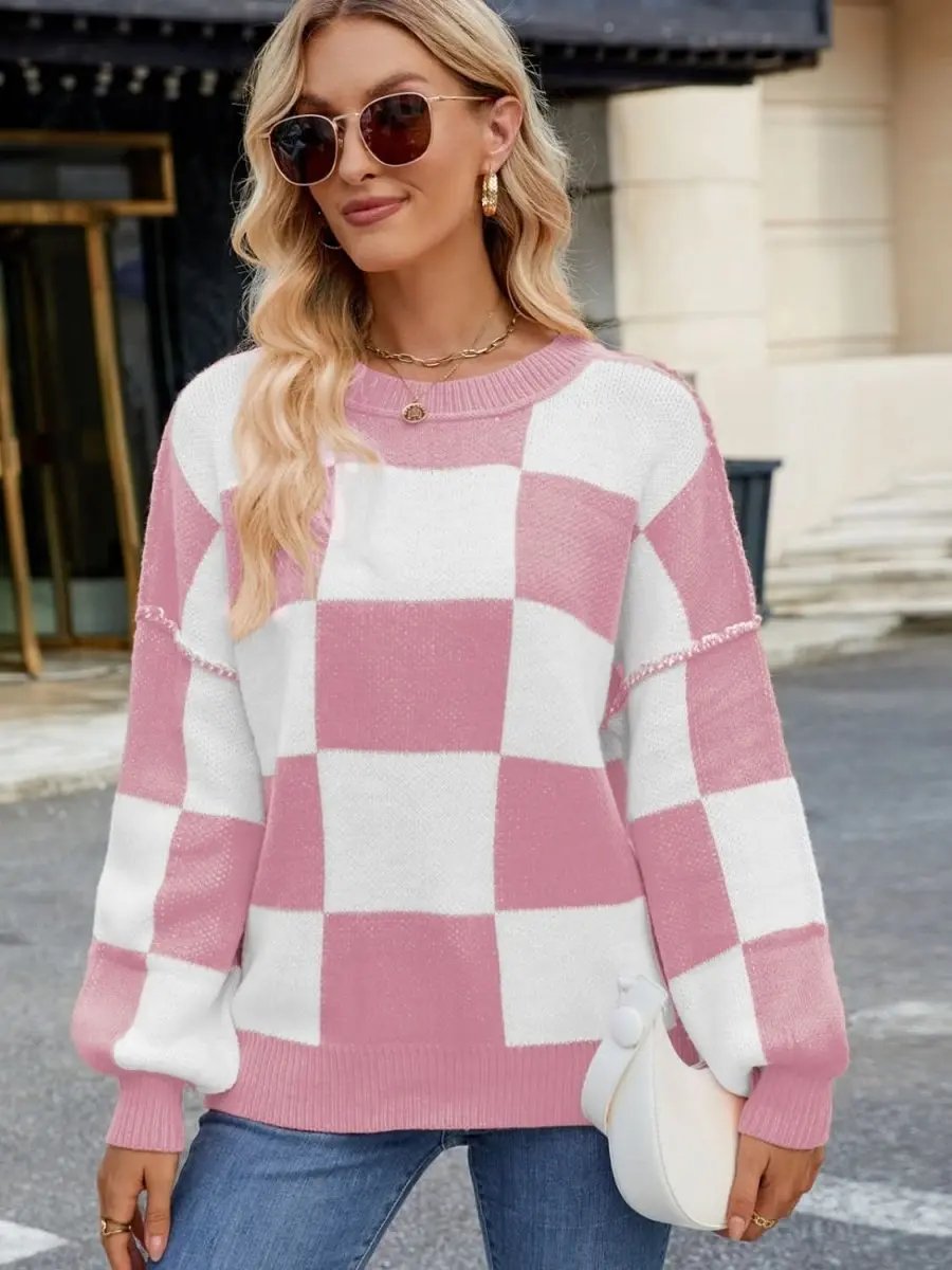 Women's Sweaters Checkered Sweater - Soft & Cozy Knit - Women's Long Sleeve