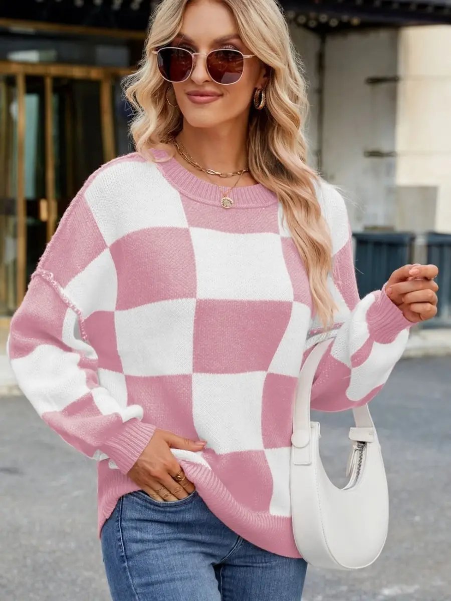 Women's Sweaters Checkered Sweater - Soft & Cozy Knit - Women's Long Sleeve