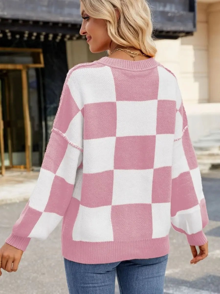Women's Sweaters Checkered Sweater - Soft & Cozy Knit - Women's Long Sleeve