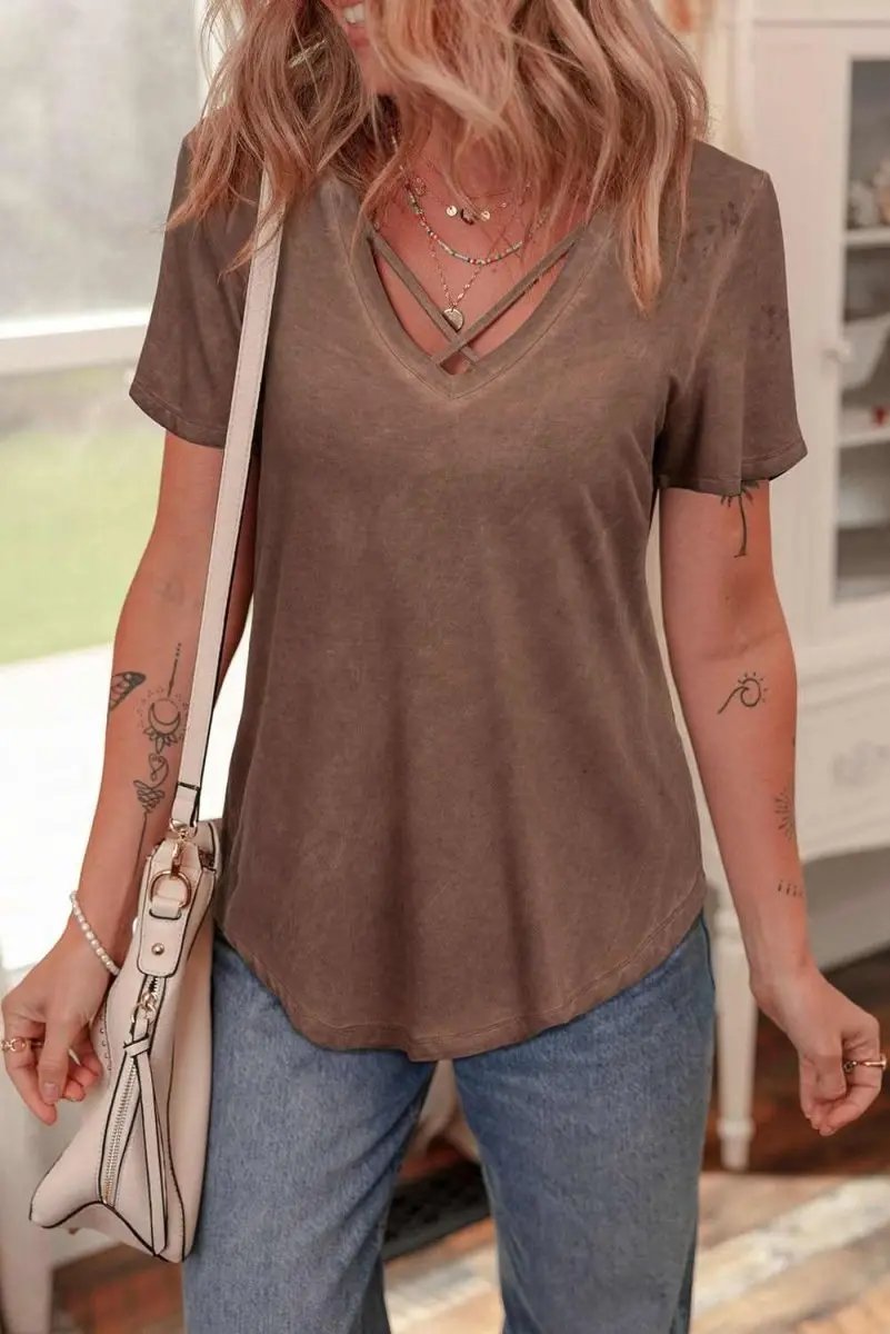 Women's V-Neck Tee Women's Tee - Mineral Wash Soft - Chestnut V-Neck Casual Top