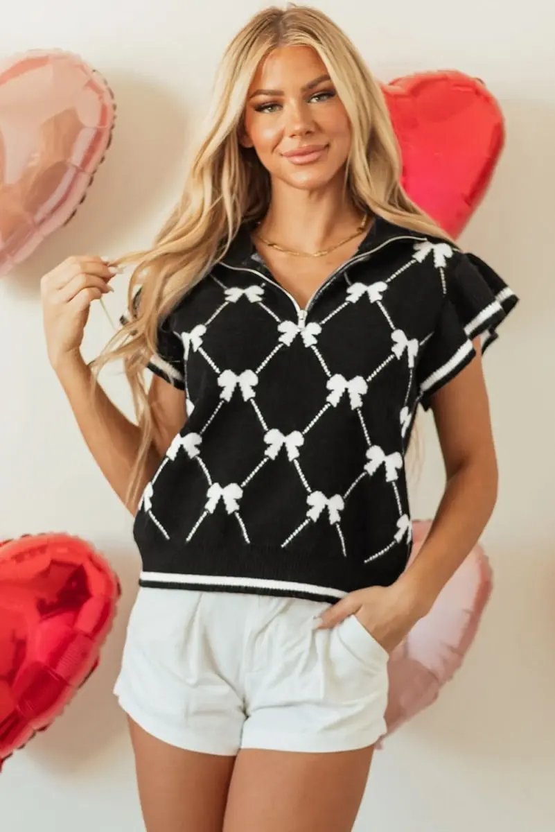 Women's Sweater Tee Women's Top Sweater Tee - Black Bow Print Everyday - Chic & Comfy