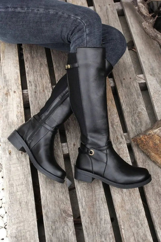 Botas altas de mujer hasta la rodilla Shoes Love Salve de piel sintética negra, estilo western + tacón grueso