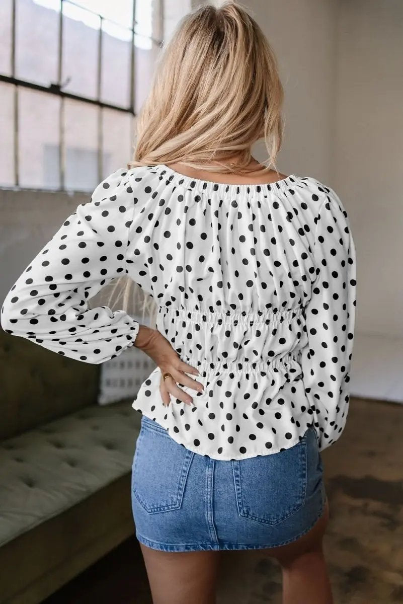 Love Salve Black Polka Dot Peplum Top With Bow Detail