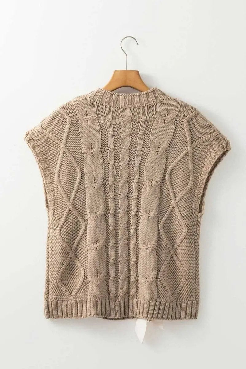 Sweaters Love Salve Taupe Colorblock Sweater Women's Fall Fashion Cable Knit Satin Bow Top