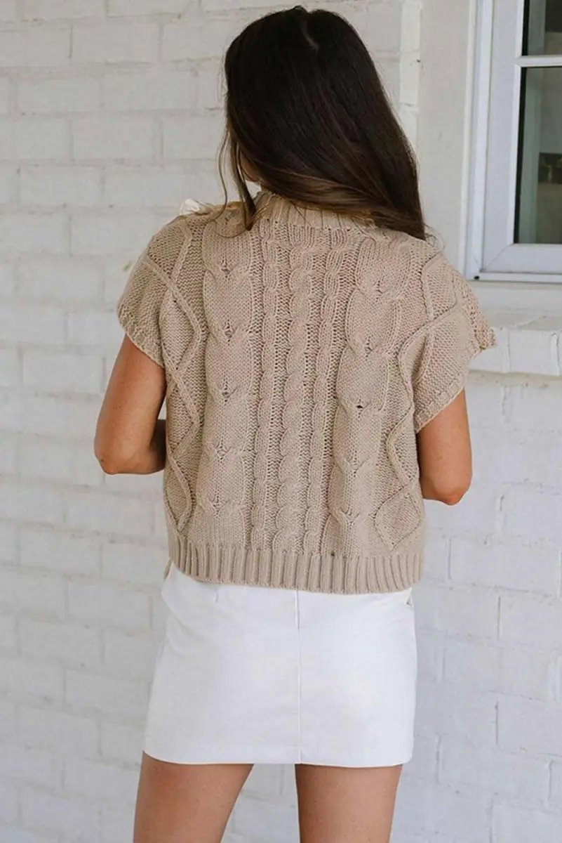 Sweaters Love Salve Taupe Colorblock Sweater Women's Fall Fashion Cable Knit Satin Bow Top