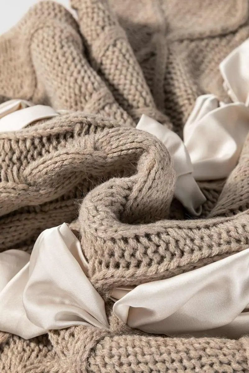 Sweaters Love Salve Taupe Colorblock Sweater Women's Fall Fashion Cable Knit Satin Bow Top