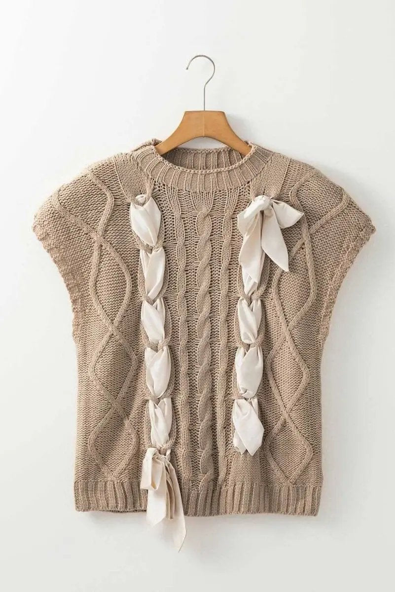 Sweaters Love Salve Taupe Colorblock Sweater Women's Fall Fashion Cable Knit Satin Bow Top